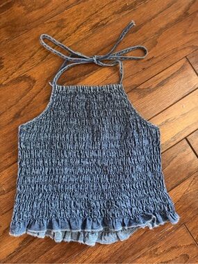 American Eagle Outfitters Denim-Look Smocked Halter Top - Blue